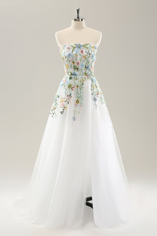 White A-Line Strapless 3D Floral Tulle Wedding Dress with Slit