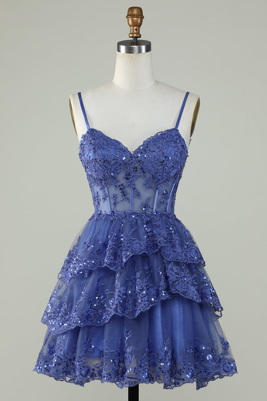 Robe de bal de fin d'année corset, coupe trapèze, à bretelles spaghetti, bleu foncé pailleté et mignonne
