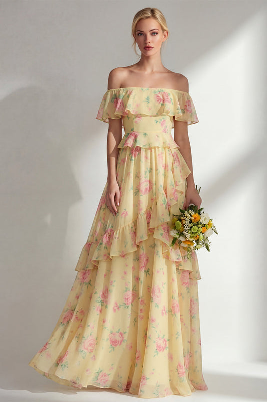 A-Line Yellow Pink Flower Off the Shoulder Chiffon Long Bridesmaid Dress with Ruffles
