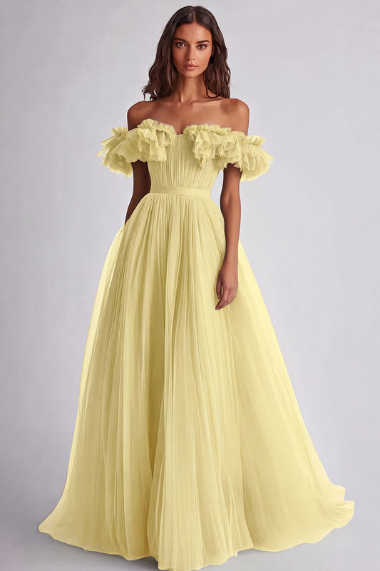Off the Shoulder A-Line Yellow Long Prom Dress with Ruffles