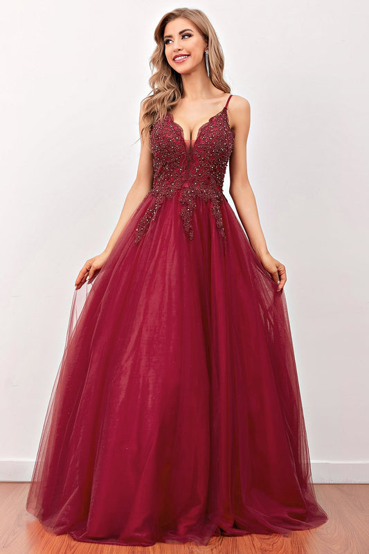Robe de bal longue bordeaux perlée