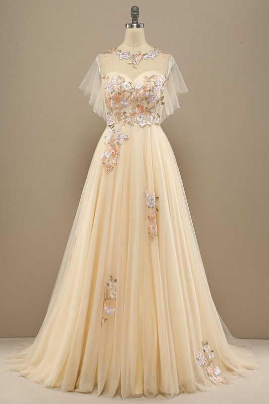 Robe de bal jaune longue avec applications