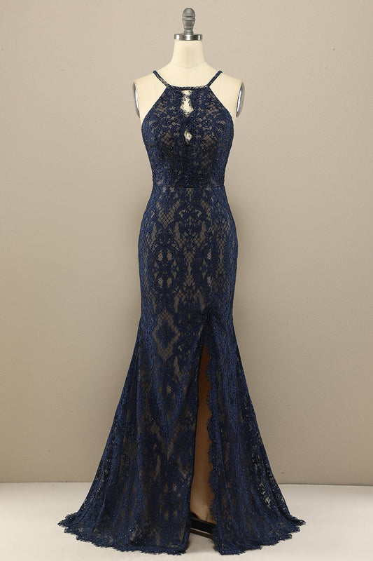 Robe de bal longue en dentelle sirène bleu marine