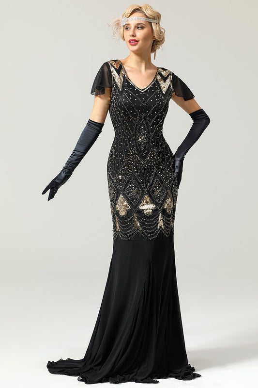 Robe Charleston noire longue à sequins, style années 20