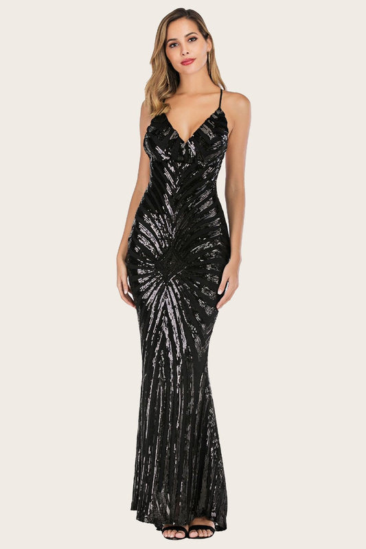 Robe de bal longue sirène noire à sequins