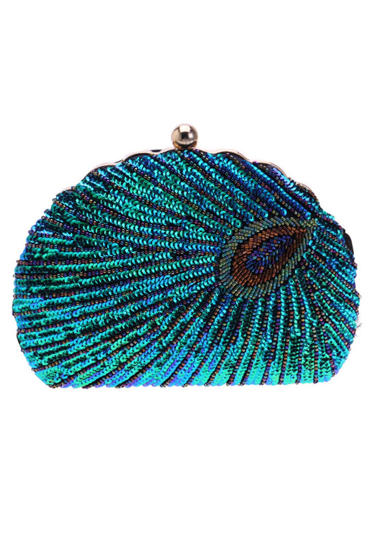 Pochette en perles en forme de coquillage vert paon