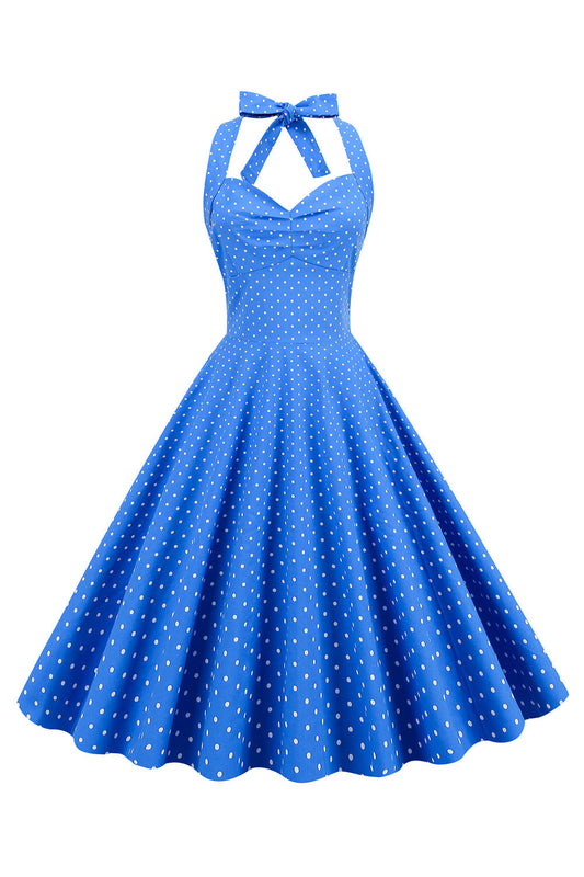 Robe Vintage Dos Nu à Pois Bleus et Col Halter