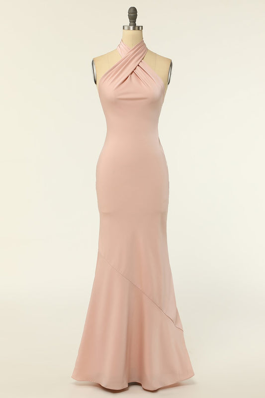 Robe longue de demoiselle d'honneur dos nu sirène licou blush