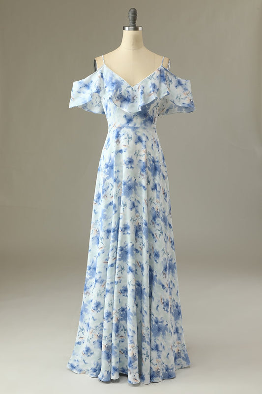 Robe de Demoiselle d'Honneur Longue Imprimée Florale Bleue Épaules Dénudées