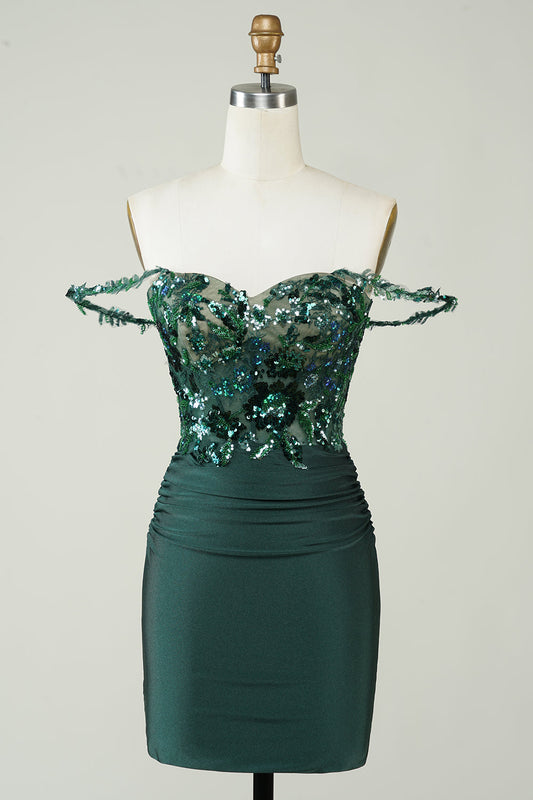 Robe de bal courte vert foncé fourreau unique à épaules dénudées avec appliques