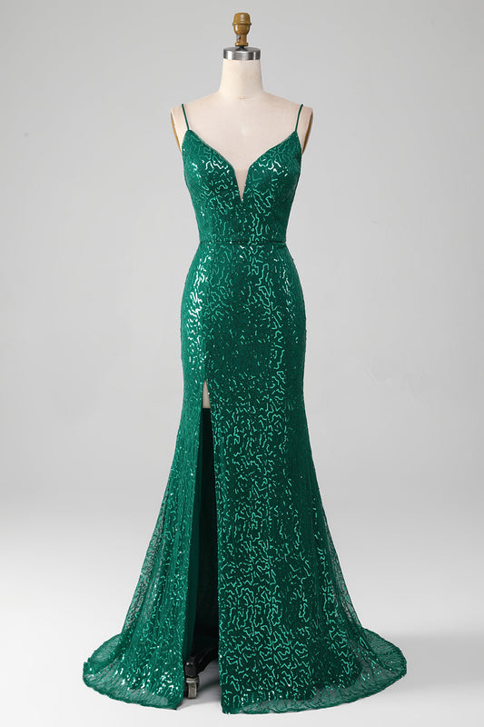 Sparkly Dark Green Beaded Sequin Long Prom Dress with Slit