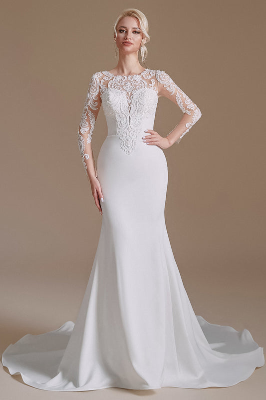 Robe de mariée sirène blanche à manches longues avec traîne et dentelle
