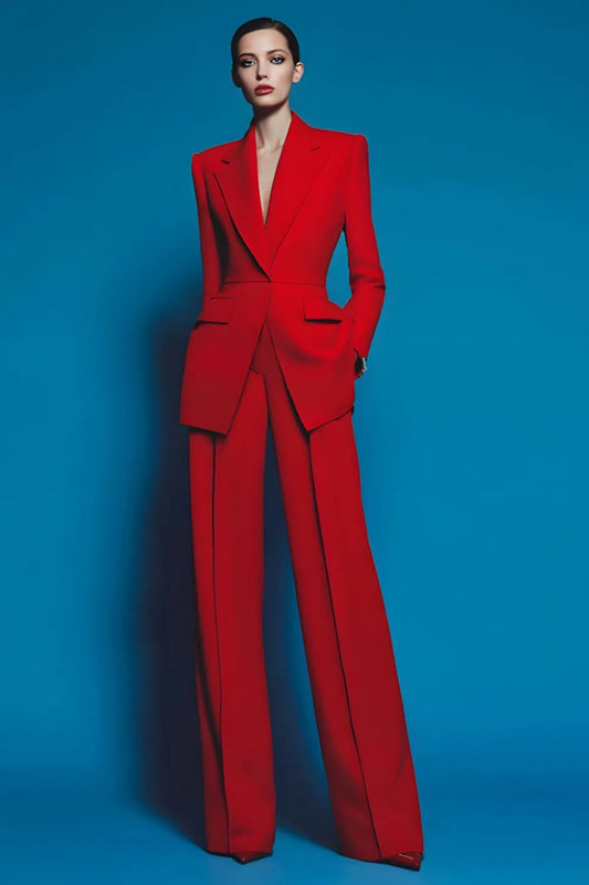 Red 2-Piece Notched Lapel Women's Prom Suit With Pockets