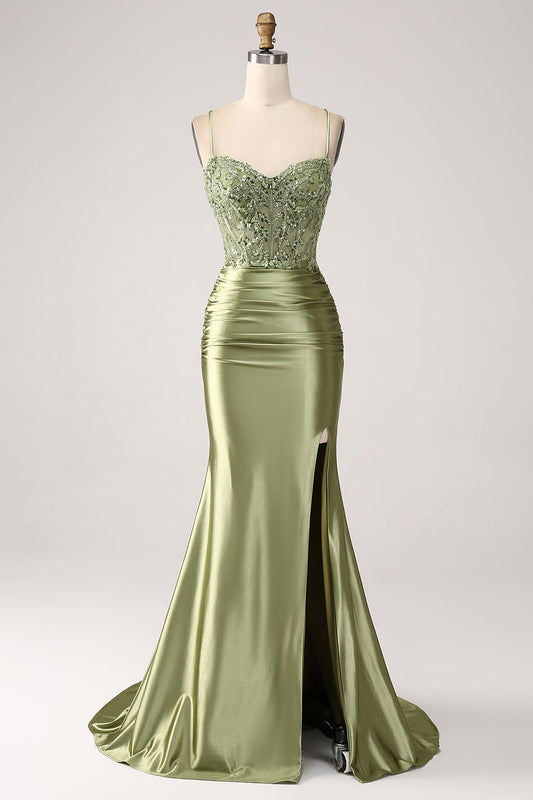 Vestido de Graduación Sirena Verde Salvia con Tirantes Finos, Espalda con Cordones y Abertura