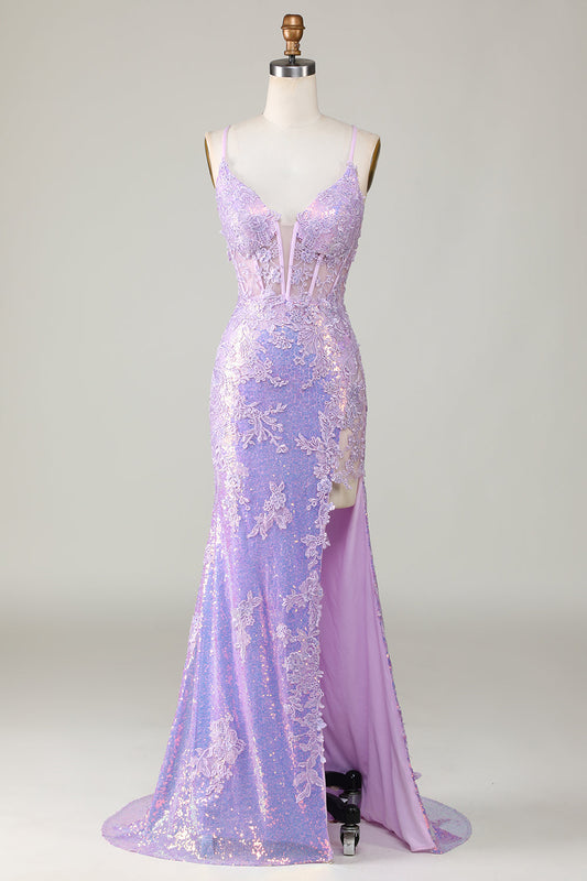 Vestido de fiesta corsé morado con tirantes finos y abertura, de sirena brillante