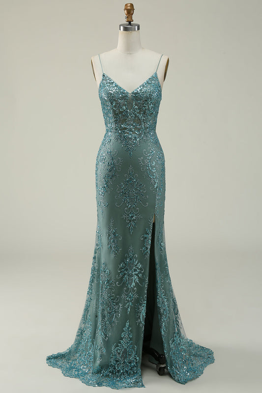 Robe de bal longue verte sirène à fines bretelles avec fente sur le devant