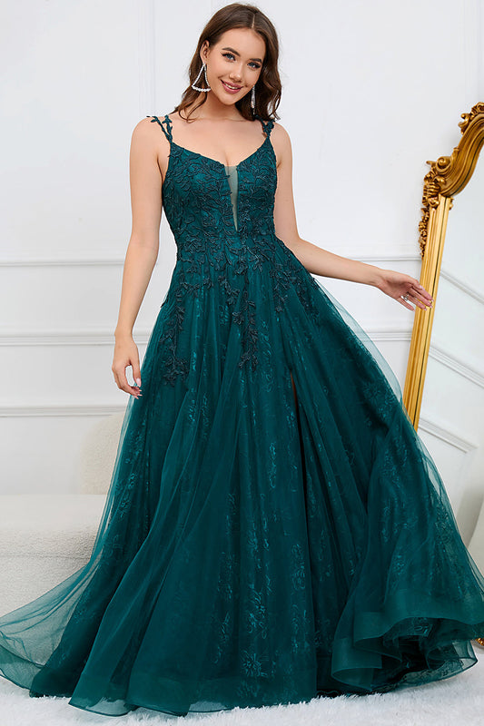 Robe longue de bal de promo vert foncé en ligne A à fines bretelles et à appliques
