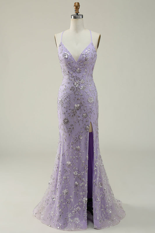 Robe de bal longue sirène violette à fines bretelles et perles