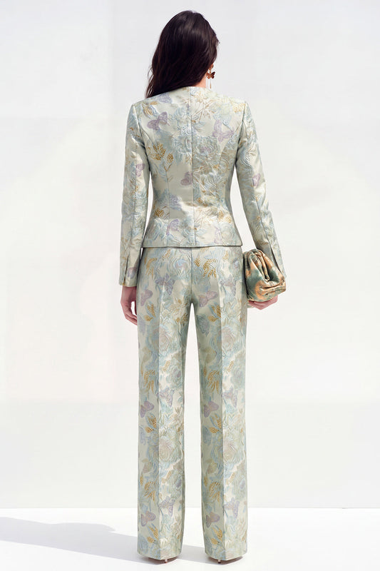 Green Flower 2-Piece Round Neck Single-Breasted Jacquard Women's Suit