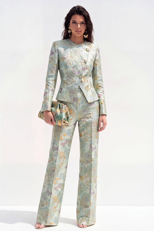 Green Flower 2-Piece Round Neck Single-Breasted Jacquard Women's Suit