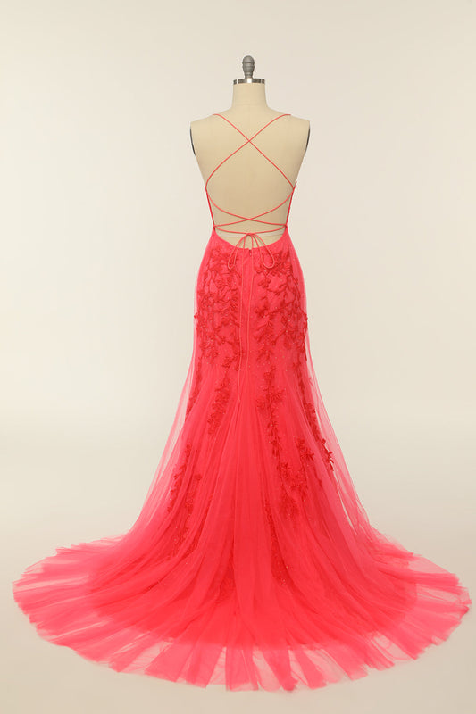 Robe de bal longue corail sans dos avec appliques