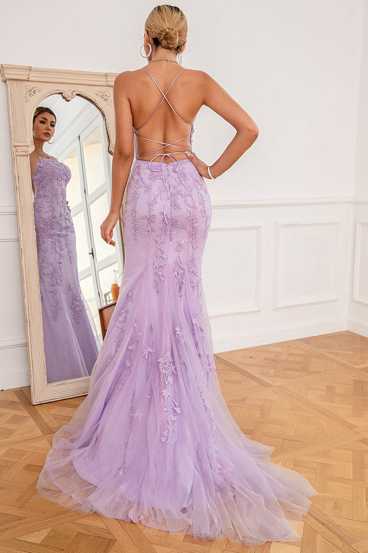 Robe de bal sirène longue violet clair avec appliques