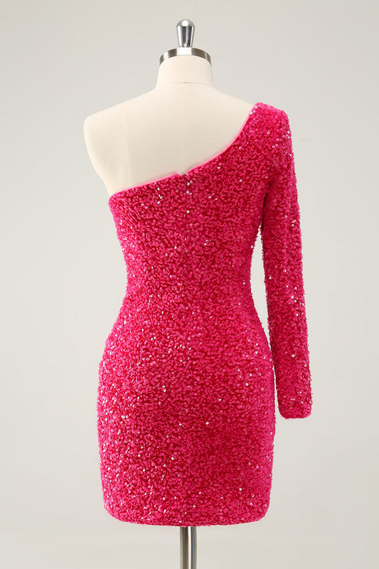 Robe de bal rose fuchsia à paillettes, asymétrique et fendue