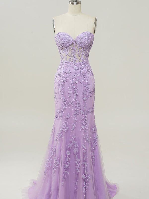 Robe de bal sirène violette à encolure cœur avec appliques