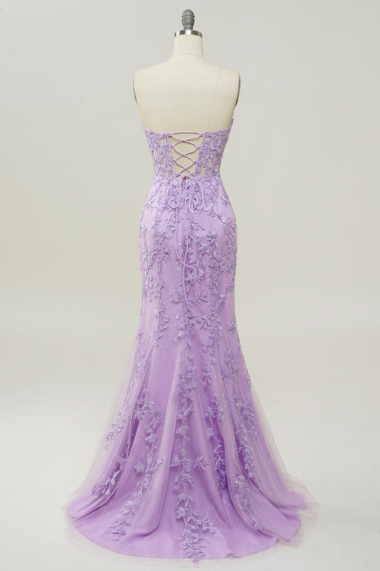 Robe de bal sirène violette à encolure cœur avec appliques