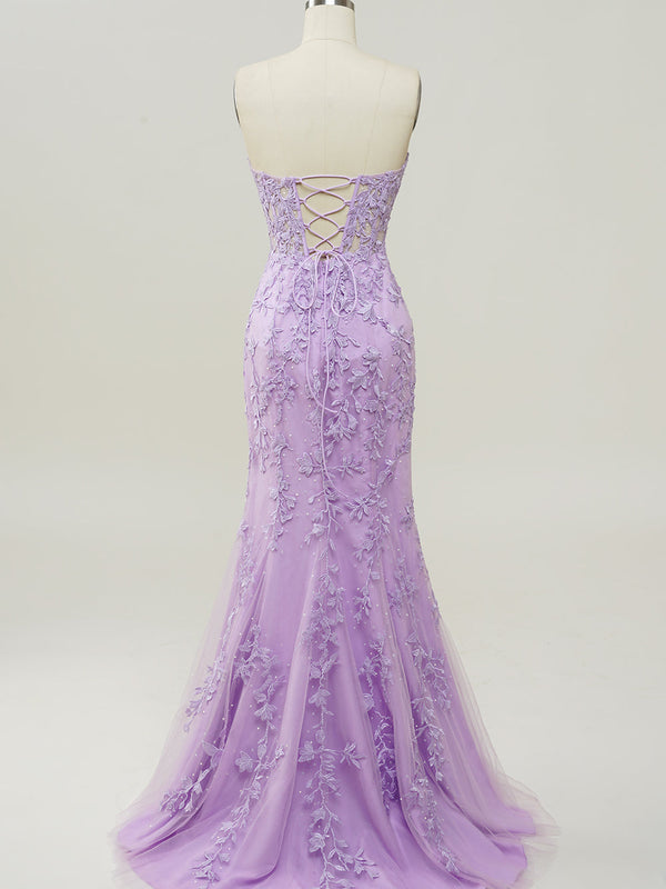 Robe de bal sirène violette à encolure cœur avec appliques