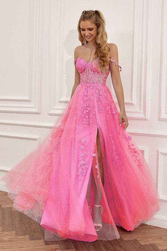 Robe longue de bal rose vif avec appliqués, épaules dénudées