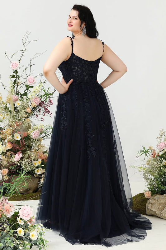 Plus Size Navy Blue A-Line Graduation Dress with Spaghetti Straps and Appliques