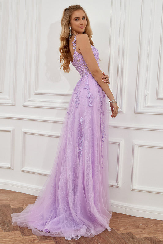 Robe de bal longue violette à épaules dénudées avec appliques