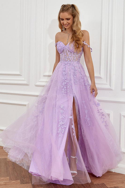 Robe de bal longue violette à épaules dénudées avec appliques