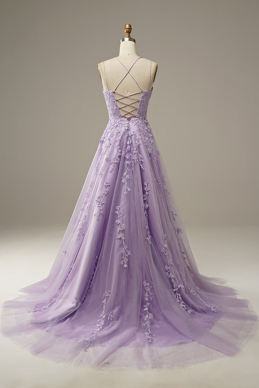 Robe de bal trapèze en tulle violet avec appliques