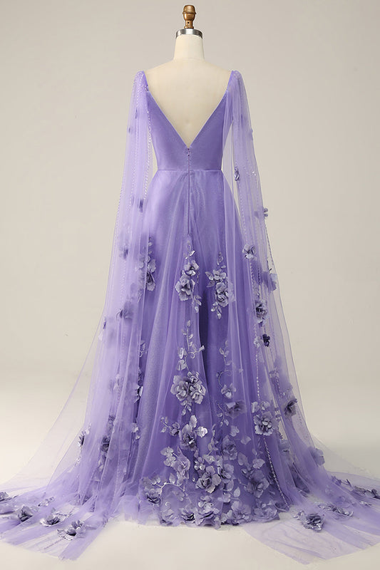 Robe de bal violette style Watteau avec traîne et fleurs 3D