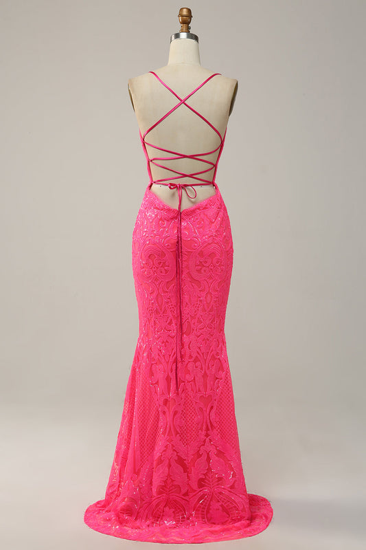 Robe de bal longue sirène rose vif à bretelles spaghetti et sequins