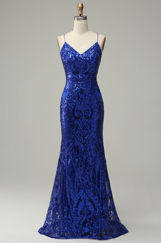 Robe de bal longue sirène à fines bretelles bleu roi, à paillettes, avec dos croisé