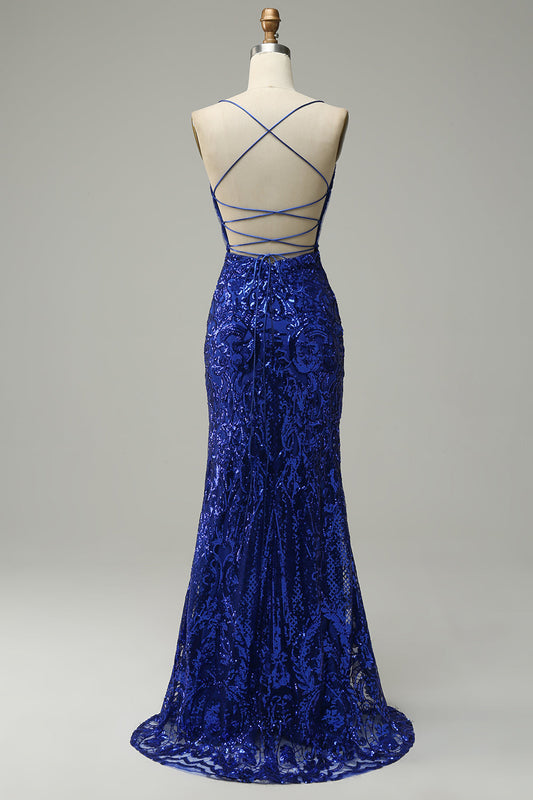 Robe de bal longue sirène à fines bretelles bleu roi, à paillettes, avec dos croisé