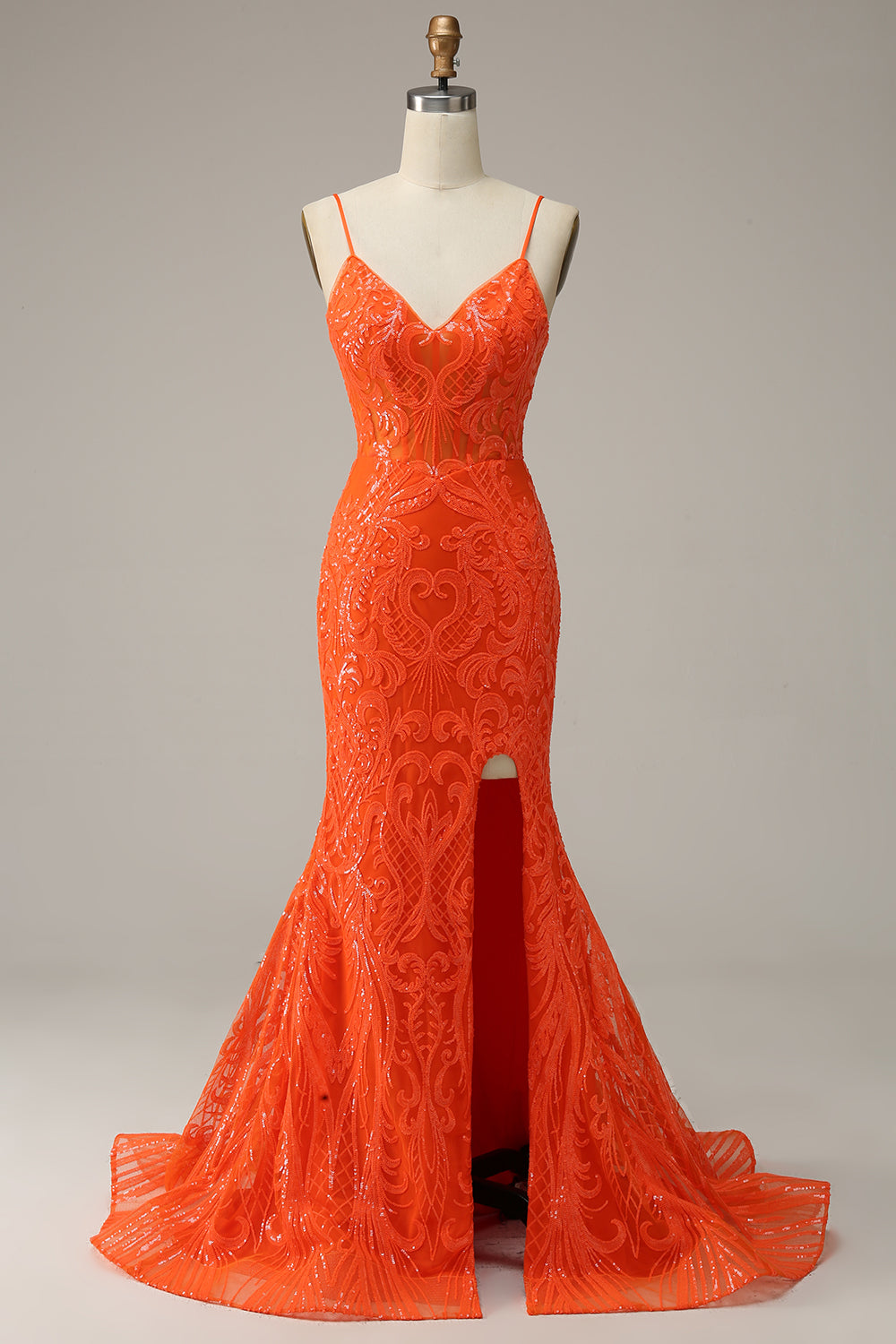 Robe de soirée longue orange sirène à bretelles spaghetti et fente sur le devant