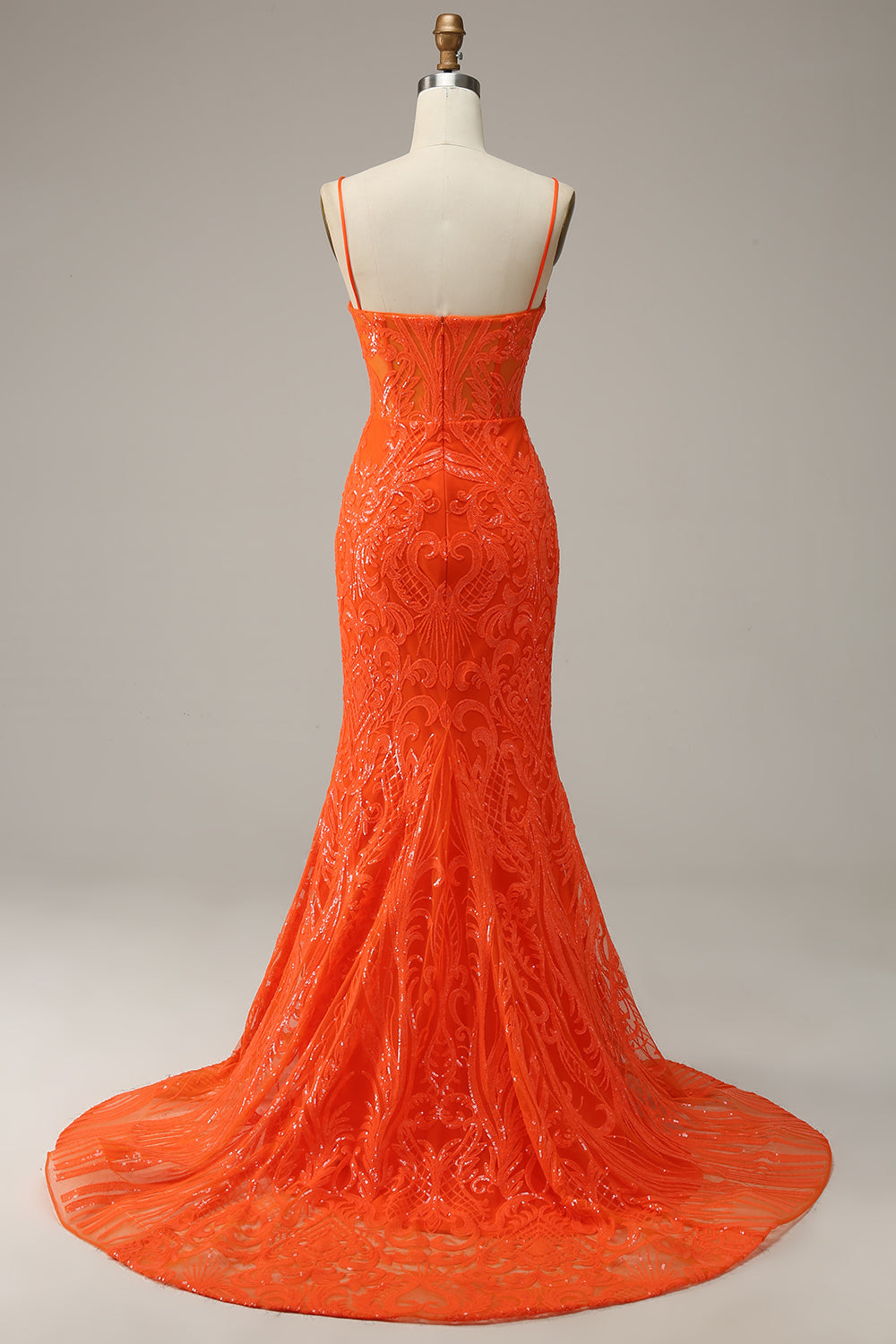 Robe de soirée longue orange sirène à bretelles spaghetti et fente sur le devant