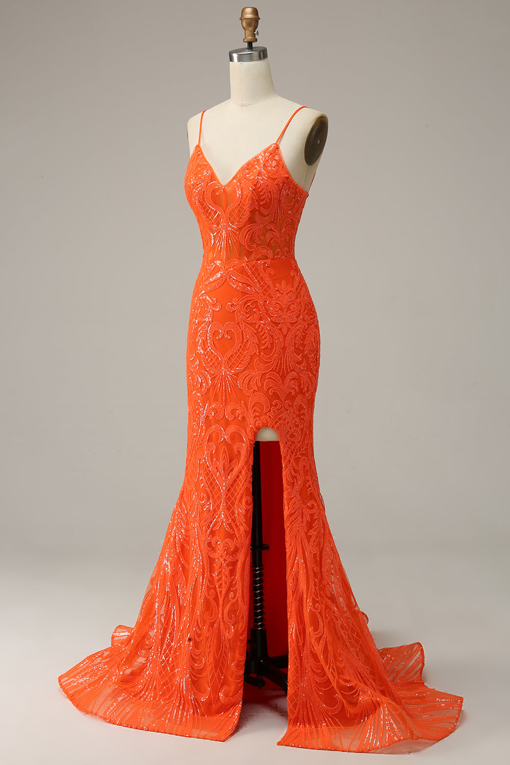 Robe de soirée longue orange sirène à bretelles spaghetti et fente sur le devant