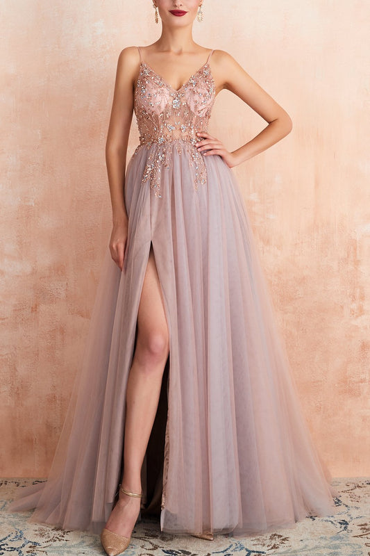 Robe en tulle gris et rose à col en V
