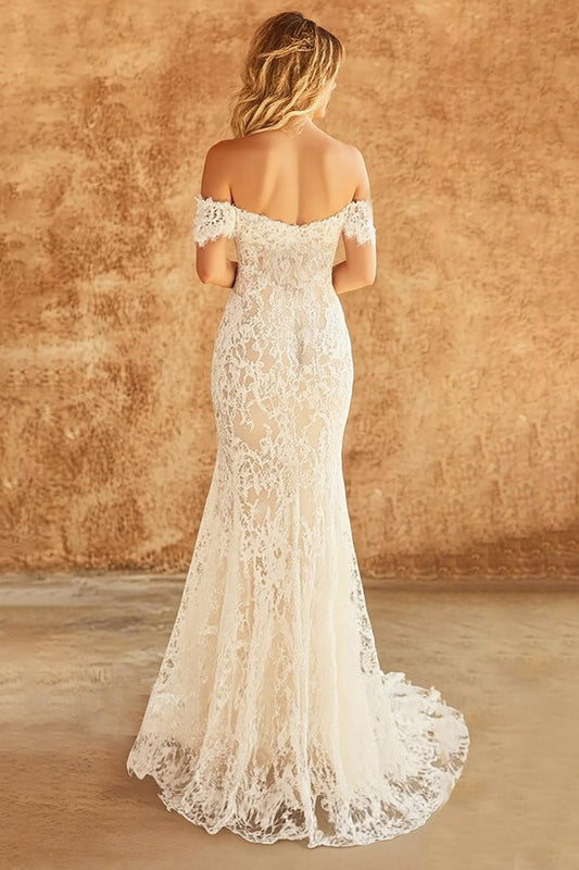 Robe de mariée longue en dentelle à épaules dénudées style sirène blanche