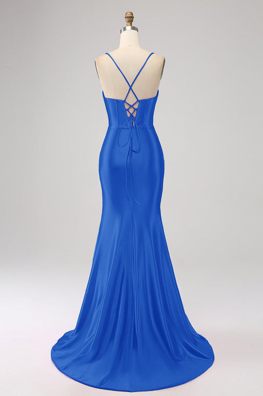 Stunning Mermaid Spaghetti Straps Royal Blue Corset Prom Dress with Split Front