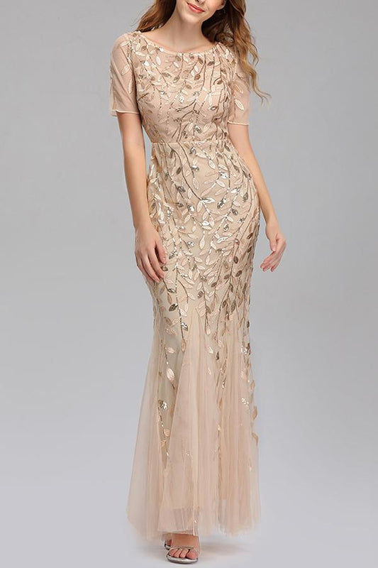 Robe de bal sirène champagne à manches courtes