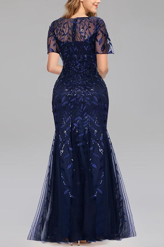 Robe de bal de soirée sirène bleu marine à manches courtes