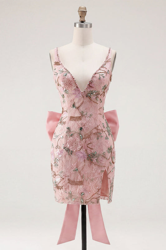 Pink V-Neck Bodycon Floral Homecoming Dress with Slit