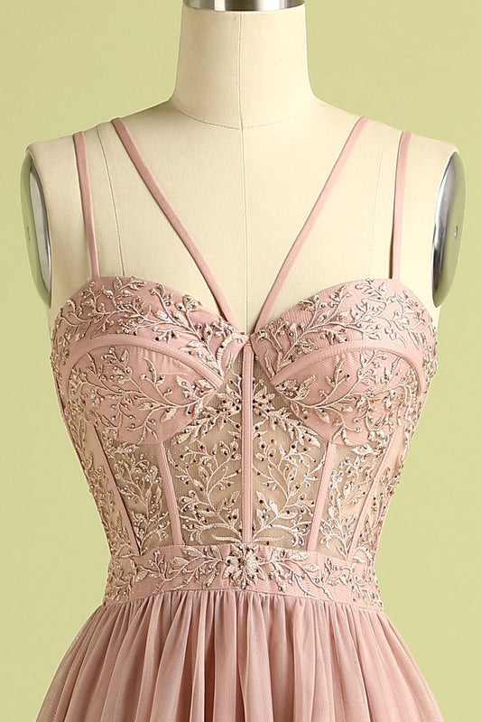 Robe de bal fendue rose à bretelles spaghetti