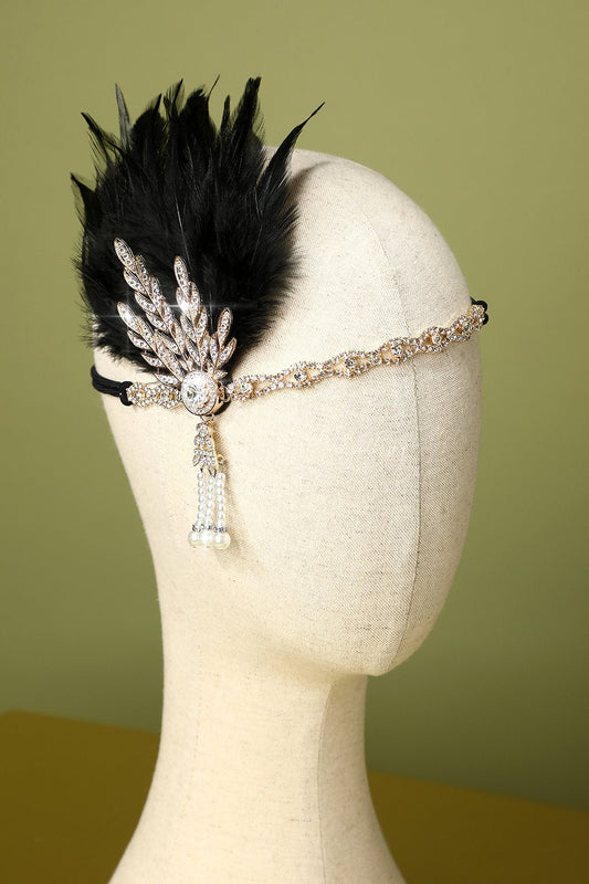 Diadema Flapper de los Años 20 con Cuentas y Plumas Negra